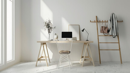 Minimalist office setup featuring a trestle desk, a minimalist wireframe chair, and a floor-standing coat rack for organization