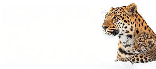 Obraz premium Male leopard and cub portrait, empty space on left for text, object on right side