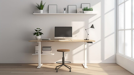 Minimalist office setup incorporating a standing desk, a minimalist stool, and a wall-mounted shelf for storage