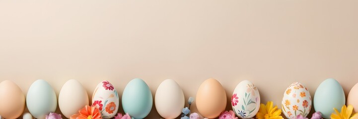 Easter eggs and flowers on a beige background with copy space, Easter Day