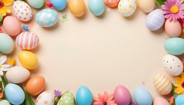 Easter eggs and flowers on a beige background with copy space, Easter Day