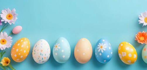 Easter eggs and flowers on a blue background with copy space, Easter Day