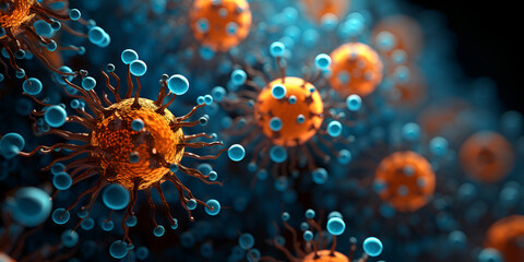 A close up of a bunch of colorful viruses with a black background - obrazy, fototapety, plakaty