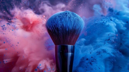 A vibrant makeup brush in an explosion of cosmetic powder, unleashing creativity of colors and shine. A stunning individual brush with colored powder in a makeup art.