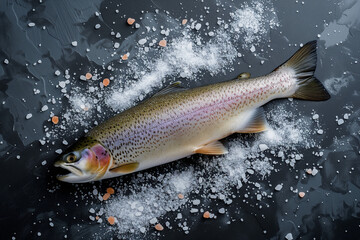 High angle view of rainbow trout and kosher salt on table