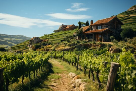 A house on a hill by a vineyard with a view of the mountains under a cloudy sky