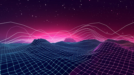 imagine Abstract digital landscape with particles dots and stars on horizon. Wireframe landscape background. Big Data. 3d futuristic vector illustration. 80s Retro Sci-Fi Background.