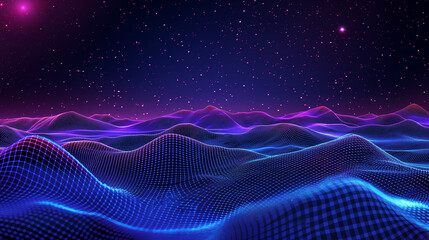 imagine Abstract digital landscape with particles dots and stars on horizon. Wireframe landscape background. Big Data. 3d futuristic vector illustration. 80s Retro Sci-Fi Background.