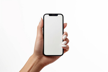 hand holding modern smartphone, mockup with white screen on white background