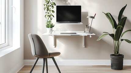 Minimalist office setup with a foldable wall-mounted desk, a space-saving folding chair, and a minimalist desk lamp - obrazy, fototapety, plakaty