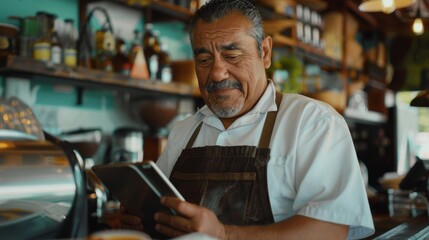 Obraz premium Portrait of a happy coffee shop worker with a tablet
