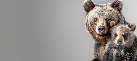 Fototapeta premium Male bear and cub portrait with ample space for text, object on right side, ideal for layouts