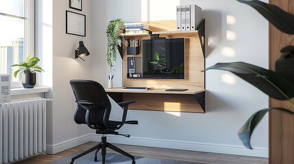 Minimalist office setup with a wall-mounted fold-out desk, a compact folding chair, and a wall-mounted file organizer