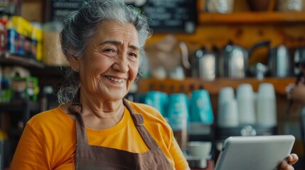 Naklejka premium Portrait of a happy coffee shop worker with a tablet