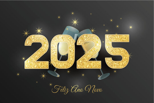 cartão ou banner para desejar um Feliz Ano Novo 2025 em ouro sobre fundo preto com estrelas e duas taças de champanhe