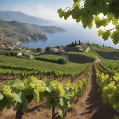 A hillside vineyard with rows of budding grapevines and a distant view of the sea