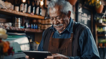 Portrait of a happy coffee shop worker with a tablet