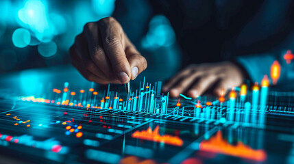 Businessman hand showing growing virtual hologram stock Stock market business growth planning and strategy Progress or success in investment