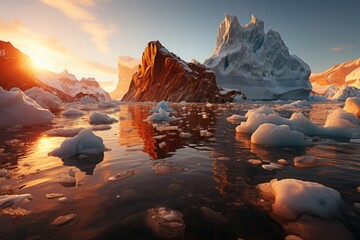 A breathtaking sunset over icy waters with towering mountains in the background - obrazy, fototapety, plakaty