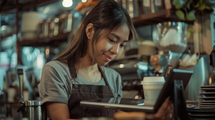 Portrait of a happy coffee shop worker with a tablet