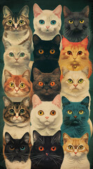 Set of cats in different colors. A colorful collage  art of cats of different colors and sizes looking at the camera. 