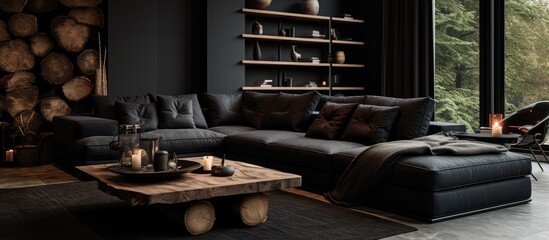 The living room features a black couch and a wooden coffee table, creating a modern and elegant atmosphere with a touch of nature