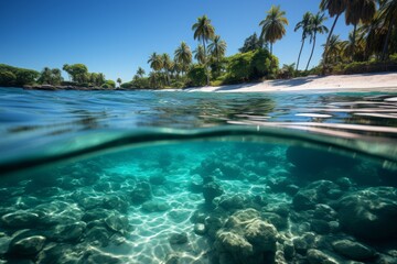 Submerged view of palm trees, coral reef in azure water - obrazy, fototapety, plakaty
