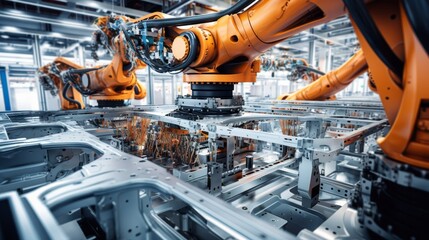 Futuristic electric car factory production line with automated robotics machinery