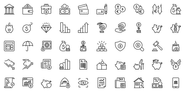 Line icons about finances as banking, money, investment, loan, payment method and stock exchange. Editable stroke and pixel perfect.