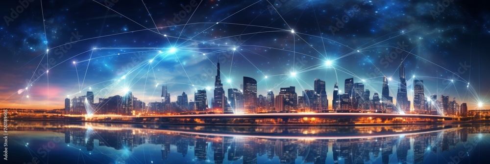 Poster abstract modern cityscape with wireless network and connection technology concept