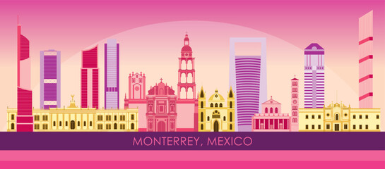 Sunset Skyline panorama of city of Monterrey, Mexico - vector illustration - 760189401