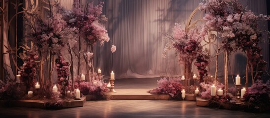 The stage for the wedding ceremony is adorned with plantfilled vases, purple flowers, magenta candles, and surrounded by lush green grass and treefilled landscape