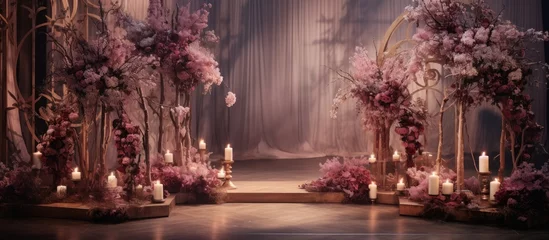 Papier Peint photo autocollant Marron profond The stage for the wedding ceremony is adorned with plantfilled vases, purple flowers, magenta candles, and surrounded by lush green grass and treefilled landscape