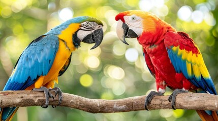 Scarlet macaws facing each other on branch with blurred background, copy space available