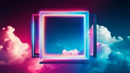 Abstract neon background with glowing square shape and spinning cloud, Blank geometric frame in the sky

