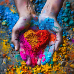 The hands of the woman holding Holi powder are shaped like a heart