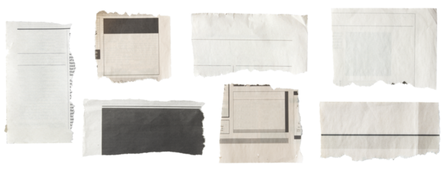Set of torn pieces of newspaper isolated on transparent background.