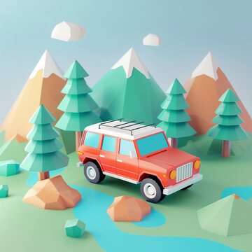3d isometric off-road car is in the mountains and trees around it
