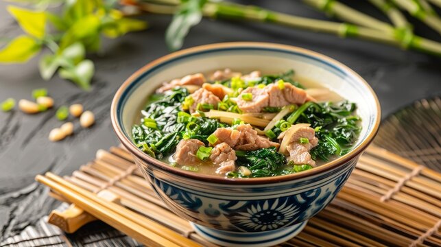 A Chinese-style image of spinach and pork noodles for a baby food recipe, set against an elegant, traditional Chinese background. The nutritious bowl, filled with vibrant green spinach and tender pork