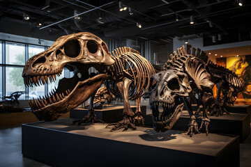 Eloquently Displayed Collection of Diverse Dinosaur Fossils in a Museum Exhibit - obrazy, fototapety, plakaty