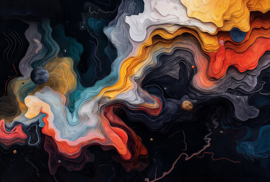 An oil painting of an abstract cosmic landscape with swirling galaxies and planets, rendered in vibrant colors and intricate details.