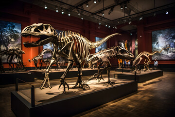 Eloquently Displayed Collection of Diverse Dinosaur Fossils in a Museum Exhibit - obrazy, fototapety, plakaty