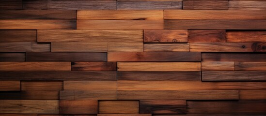 A closeup of a rectangular wooden wall made of brown hardwood planks with a unique pattern. The wood is stained and the building material is lumber