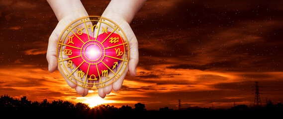 Concept of astrology and horoscope, person inside a zodiac sign wheel, Astrological zodiac signs...