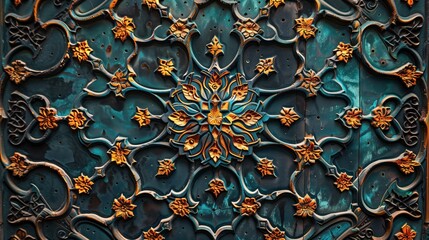 A beautifully ornate Iranian, Persian, Georgian or Ottoman carving. Background with yellow and turquoise theme. Gypsy like painted wooden art.  - obrazy, fototapety, plakaty