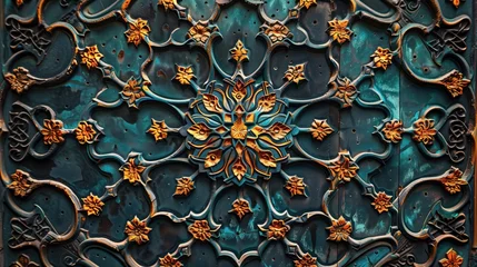 Poster A beautifully ornate Iranian, Persian, Georgian or Ottoman carving. Background with yellow and turquoise theme. Gypsy like painted wooden art.  © ARA