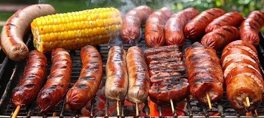Succulent bbq dinner scene with grilled sausages and tempting ingredients on a tidy table