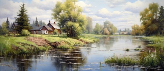 Fototapeta na wymiar A picturesque natural landscape painting depicting a tranquil river flowing past a house, with lush green grass and trees under a cloudy sky