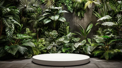 Poster Elegant white round podium placed amidst vibrant green foliage in a natural outdoor environment © Ilja