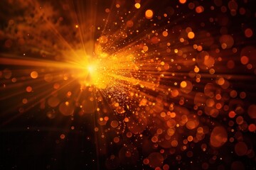 An orange lens flare, light burst, explosion of light with particles on a dark black background.